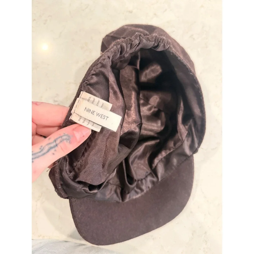 Nine West Brown Wool Blend Newsboy Hat Y2K Baker Boy Cabbie Cap Braided Trim